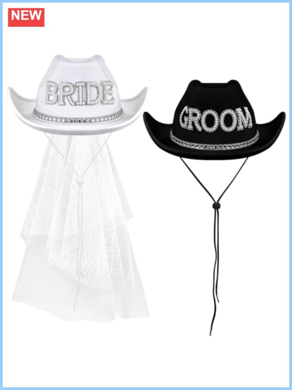Bride & Groom Cowboy Hat Set with Veil Pearl Letters Wedding